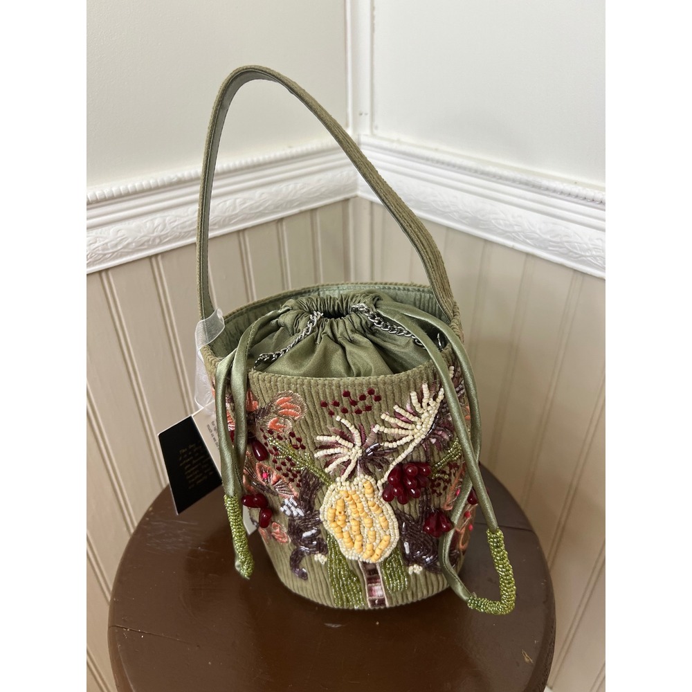 Handmade Beaded Corduroy Floral Bucket Bag Olive Green Drawstring India New - Picture 7 of 10